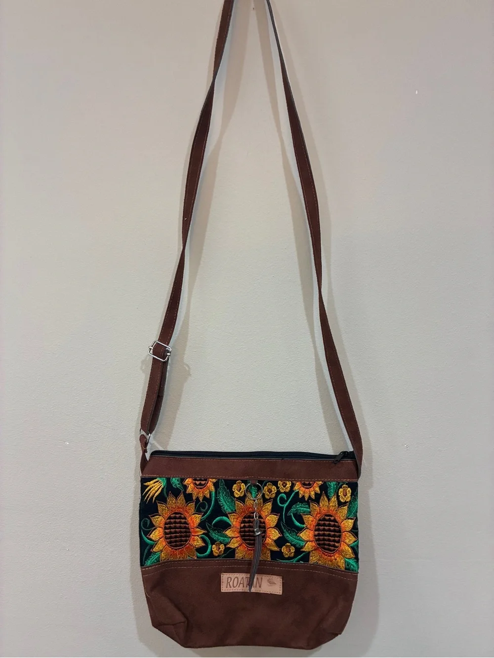 Brown Sunflower Embroidered Crossbody Bag